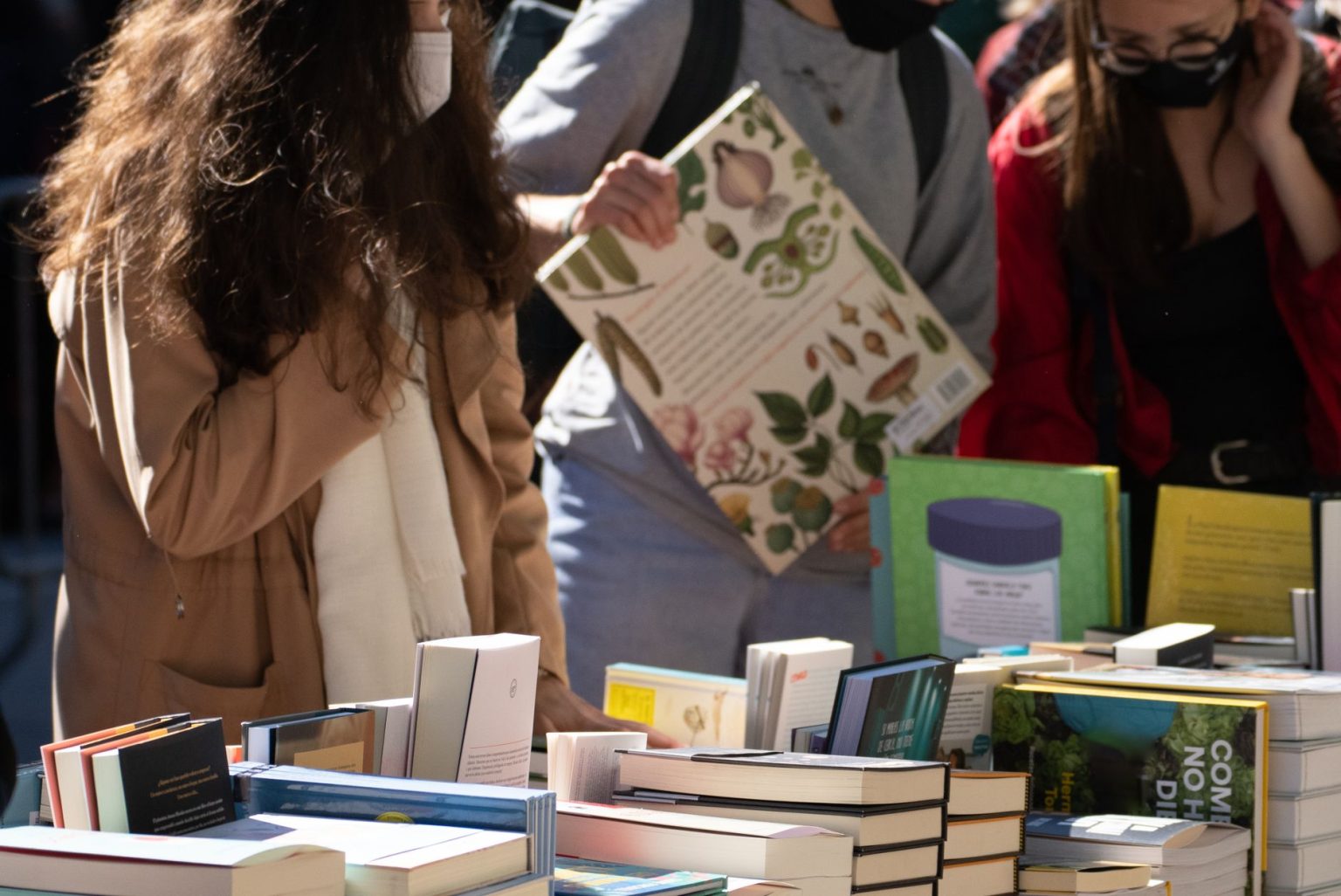 Pessoas percorrem estandes de livros em uma feira literária ao ar livre, em um dia ensolarado.